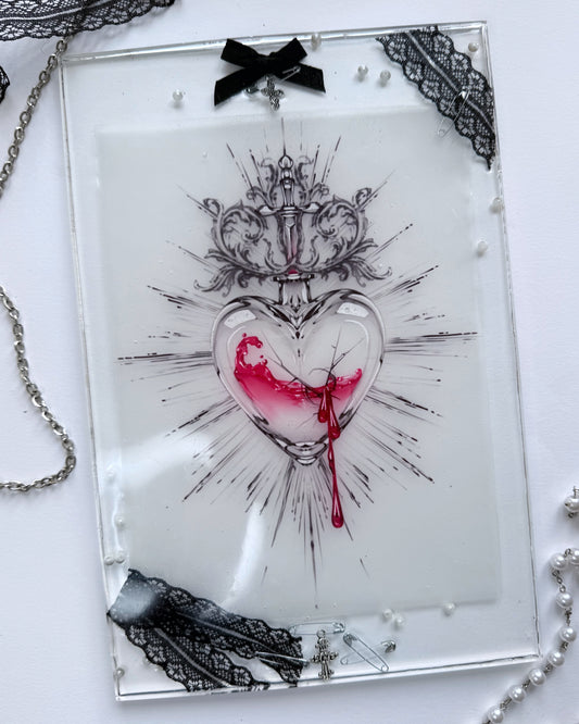Sacred heart Resin Print - Lace and crosses